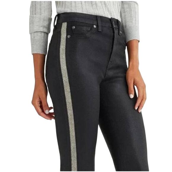 7FAM Womens 25 B(air) High Waist Ankle Skinny Jean Coated Black Snake Stripe - Picture 1 of 13